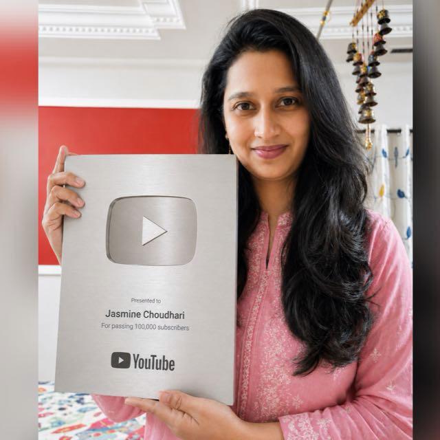 Jasmine Choudhari with her YouTube Silver Play Button for 100,000 subscribers